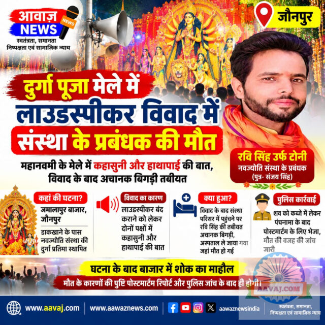 जौनपुर: दुर्गा पूजा मेले में लाउडस्पीकर बंद कराने को लेकर विवाद, नवज्योति संस्था के प्रबंध...